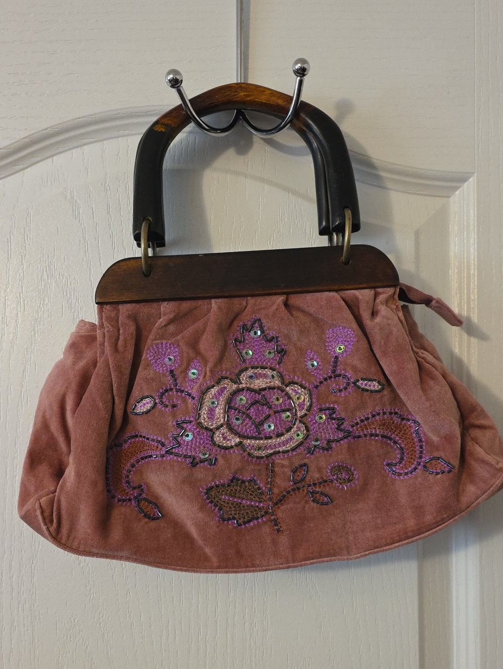 Embroidered Pink Velvet Handbag with Wood Handle